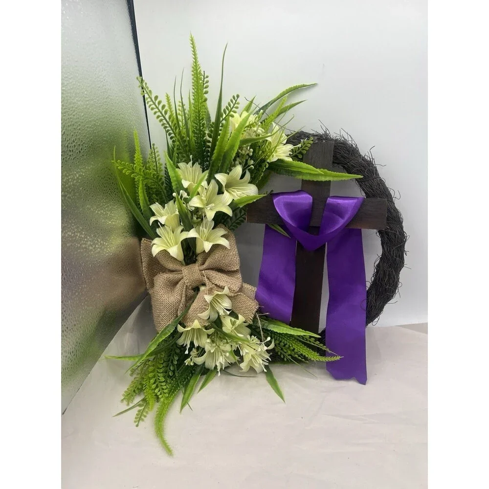 Easter Wreath Door Hanging Decoration with Cross,Bouquet Garland 12”